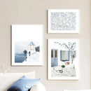 Blue Flower Santorini Sea Wall Art Canvas Painting Greece Island Poster - Axyaa Nordic Home Decor