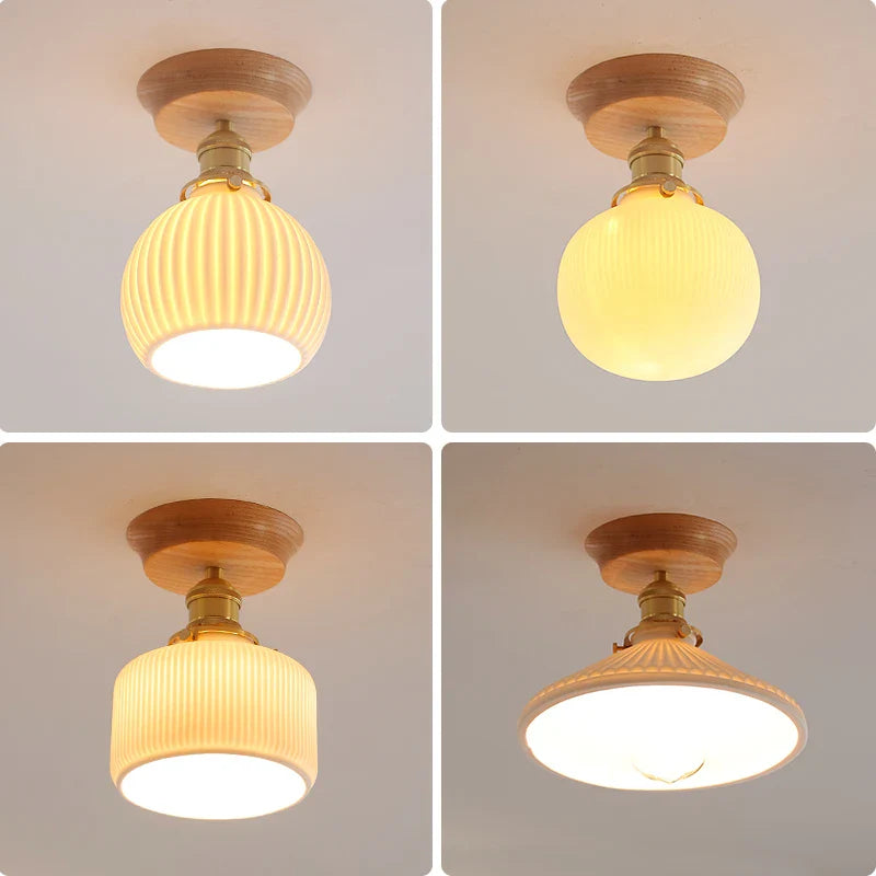 Axyaa White Ceramic LED Ceiling Light with Wood Canopy for Kitchen Living Room