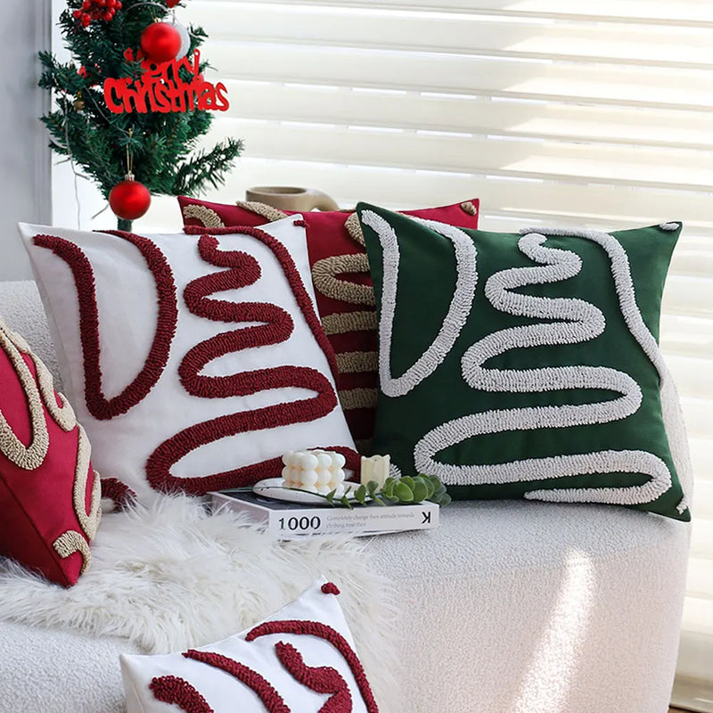 Christmas Boho Green Red 45x45 Tufted Pillow Cover, Farmhouse Sofa Decor, Axyaa Brand