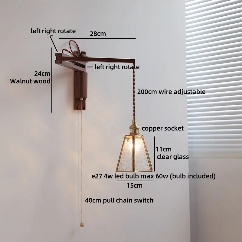Axyaa Clear Glass LED Wall Sconce with Arm, Black Walnut Wood Stair Light