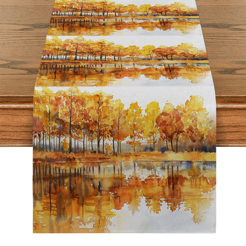 Axyaa Autumn Tree Lake Table Runner for Kitchen Dining Decor