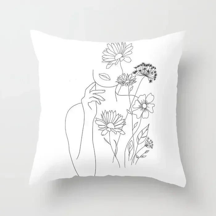Minimalist White Pillow Cover - Axyaa Portrait Sketch Nordic Cushion