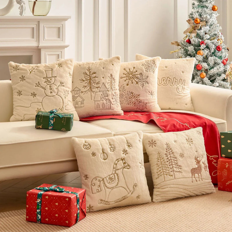 Axyaa White Faux Rabbit Fur Christmas Pillow Cover, Gold Snowman Snowflakes Embroidery