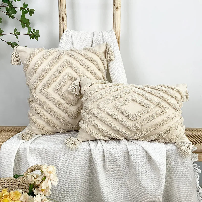 Geometric Tufted Boho Style Pillow Cover with Tassel, 100% Cotton Cushion Cover