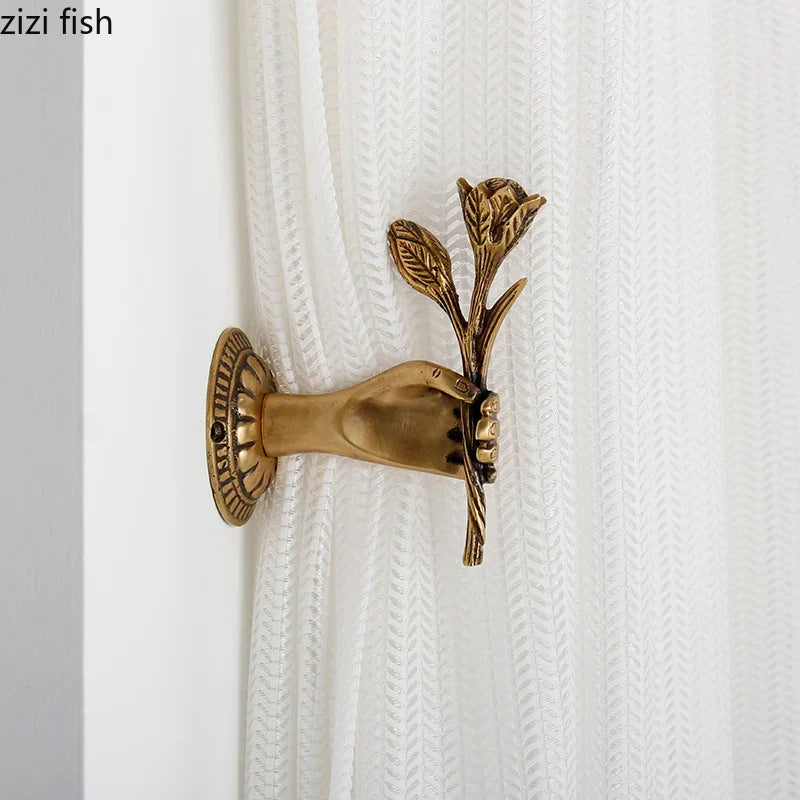 Axya Orichalcum Gold Curtain Hook Rose Hands Metal Hook Vintage Wall Hangings Key Hanger