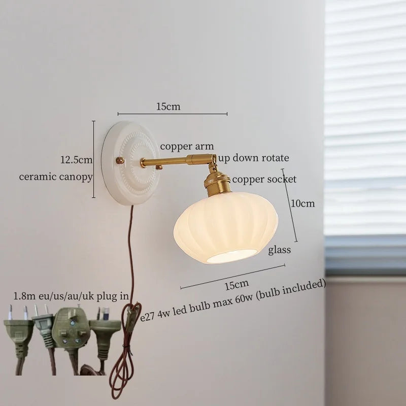 Axyaa White Glass LED Wall Light with Pull Chain Switch for Bedroom, Living Room, or Stairway
