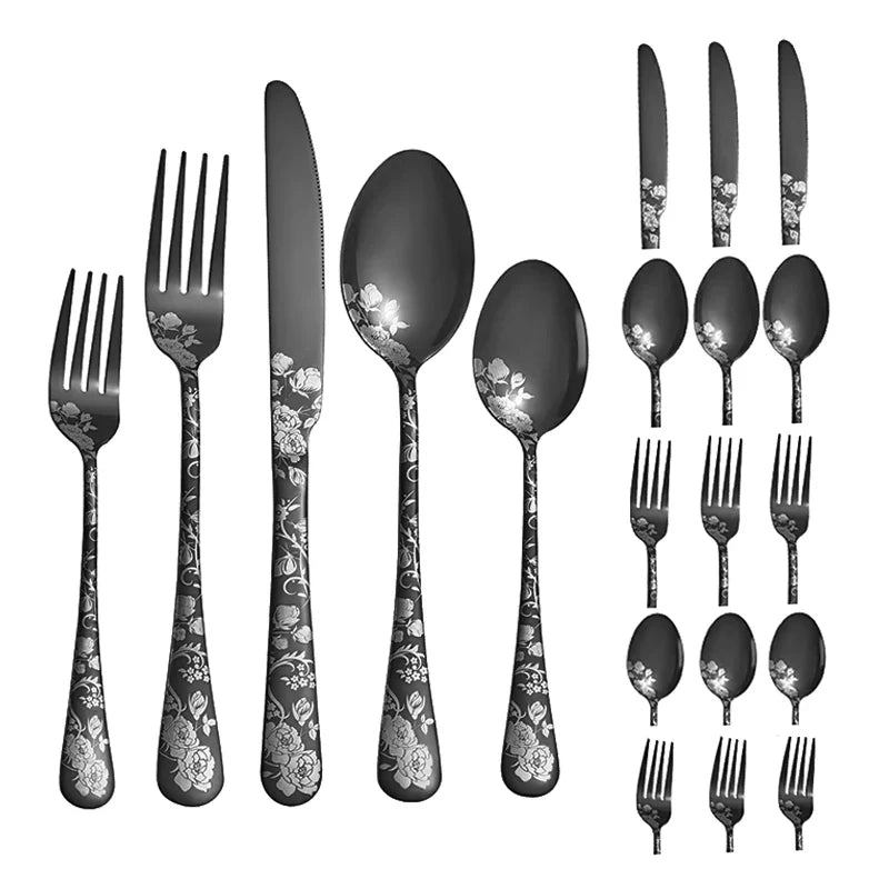 Axyaa 5pcs/20pcs Printed Stainless Steel Tableware Knife Fork Spoon Hotel Steak Set