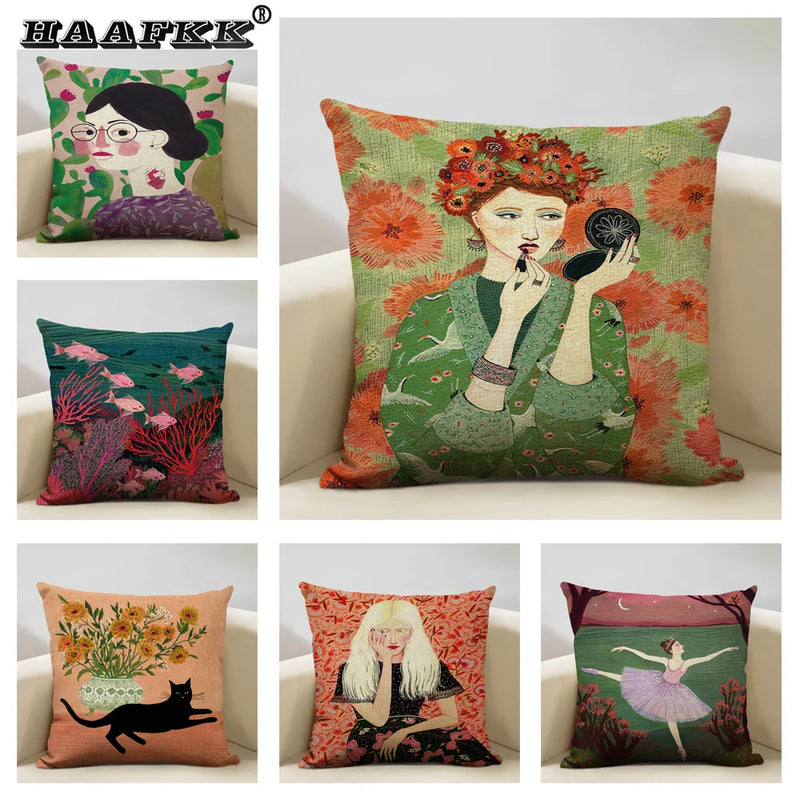 Axyaa Beauty Girl Cat Print Linen Pillowcase Portrait Cartoon Home Decor Cover