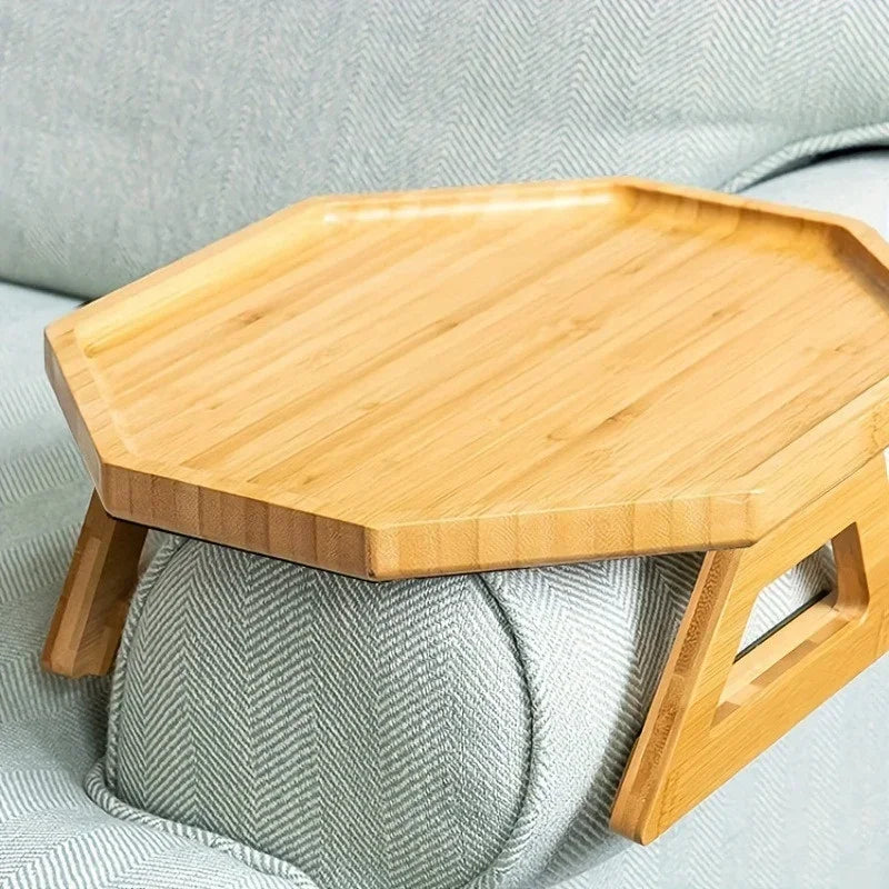 Axyaa Wooden Sofa Armrest Table: Foldable Round Snack Tray for Living Room
