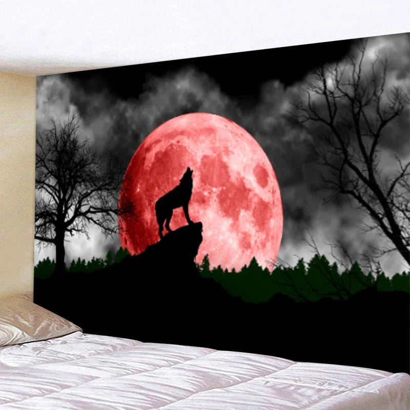 Axyaa Psychedelic Moon Wolf Wall Hanging Tapestries for Home Decor