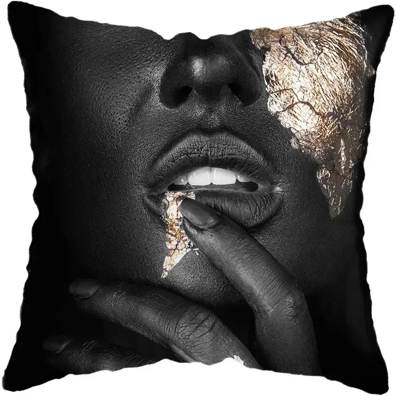 Axyaa Black Gold African Lady Woman Art Deco Pillowcase
