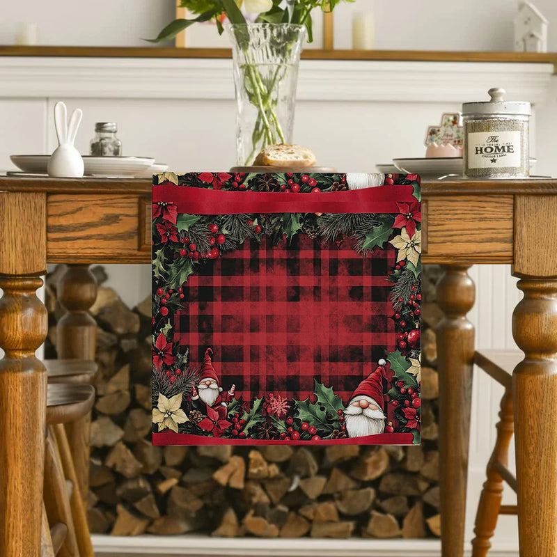 Axyaa Christmas Dwarf Gift Table Runner Holly Poinsettia Farmhouse Decor