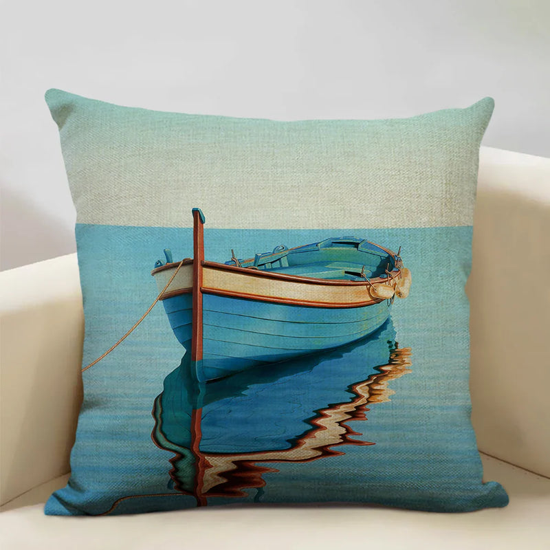 Axyaa Boat Pattern Linen Cushion Cover for Home Sofa Decor