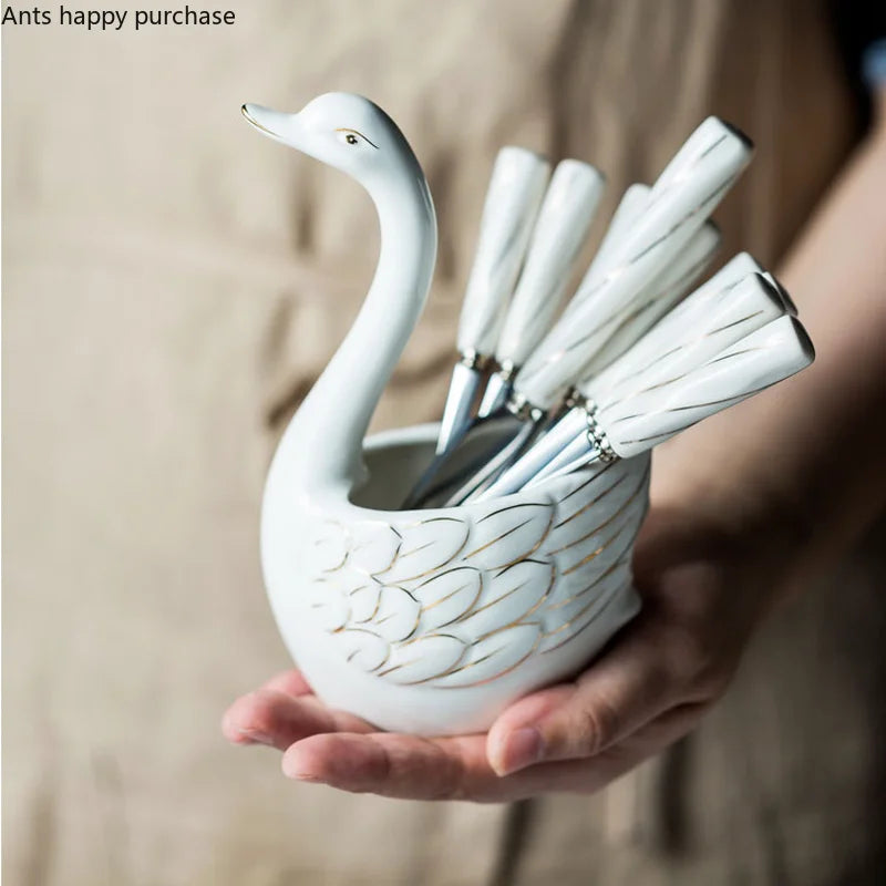 Axya Swan Ceramic Storage Fruit Fork Set, Stainless Steel Dessert Stick Tableware