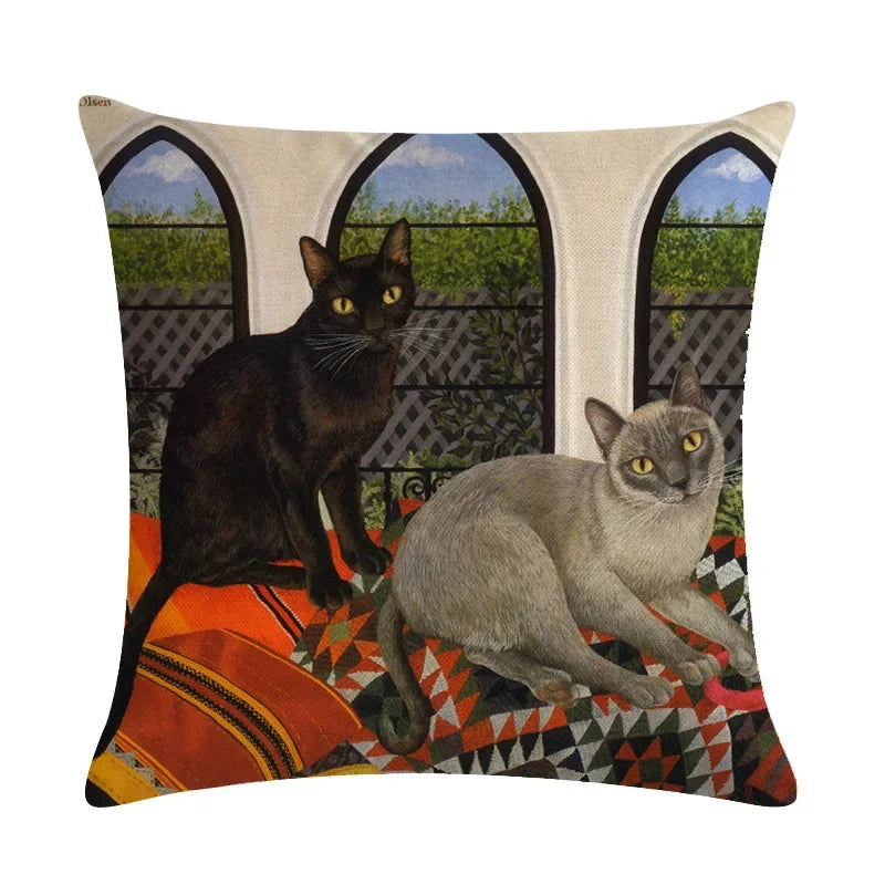 Axyaa Retro Cat Linen Pillowcase 45*45cm - Home & Sofa Decoration