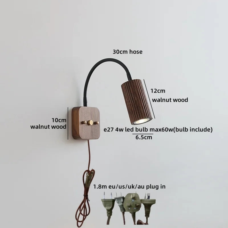 Axyaa Walnut Wood LED Wall Lamp 30cm Black Hose, Modern Nordic Design