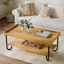 Axyaa Solid Wood Coffee Table, 2-Tier Rectangular Center Table with Metal Legs
