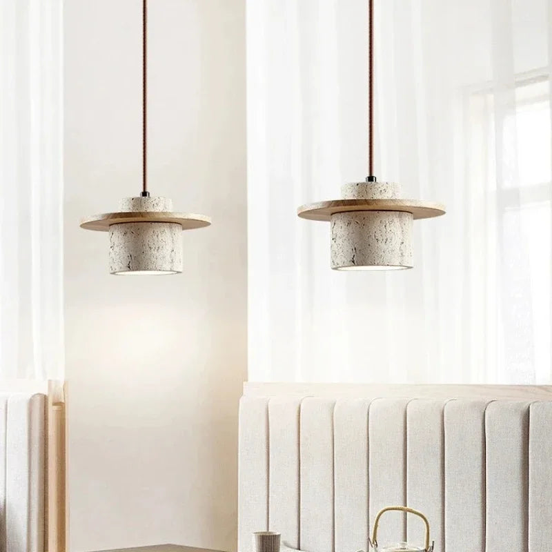 Axyaa Stone Wood Cream LED Pendant Chandelier for Bedroom Home Decor
