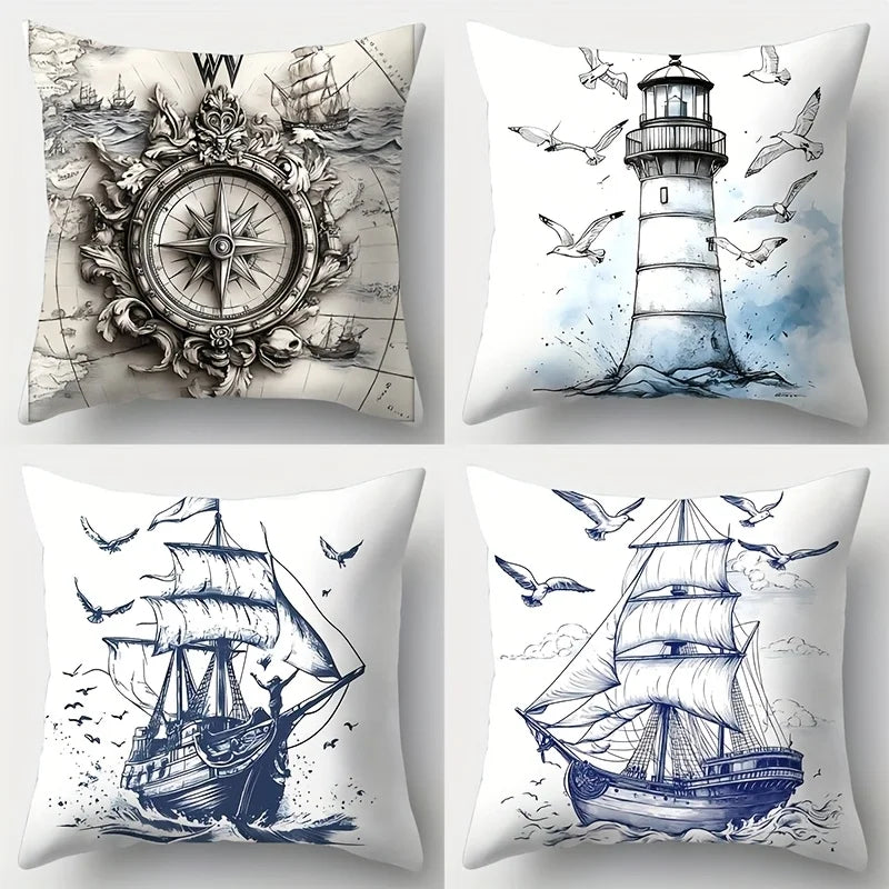 Nautical Sailing Pillowcase Set, Axyaa Brand, 17.7"x17.7", Sofa Waist Cushion Coastal Decor