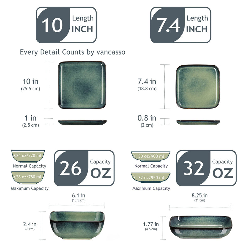 Axya Stern Green Square Dinner Set | 16-Piece Ceramic Tableware Set