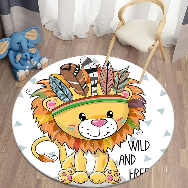 Axyaa Lion Cartoon Animal Round Carpet for Living Room Children's Bedroom