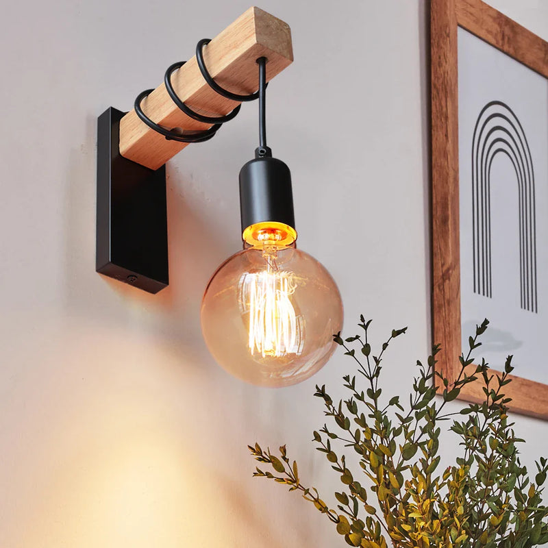 Axyaa Retro Iron Wood Wall Sconce Indoor Lamp -  E27 Bedside Dining Room Switch