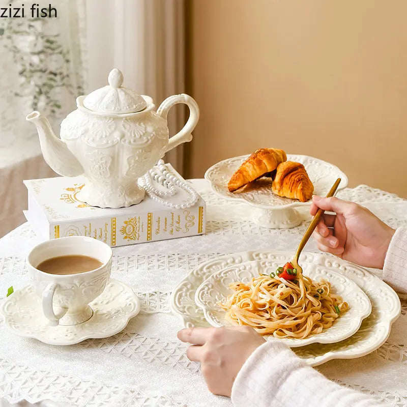Axya Ceramic Tea Set with High Leg Cake Plate & Snack Dish