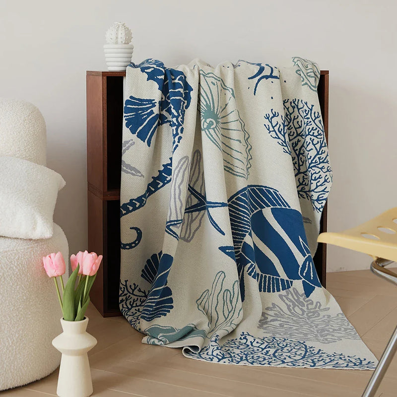 Axyaa Coastal Ocean Knit Throw Blanket - Sea Shell, Starfish Coral Design