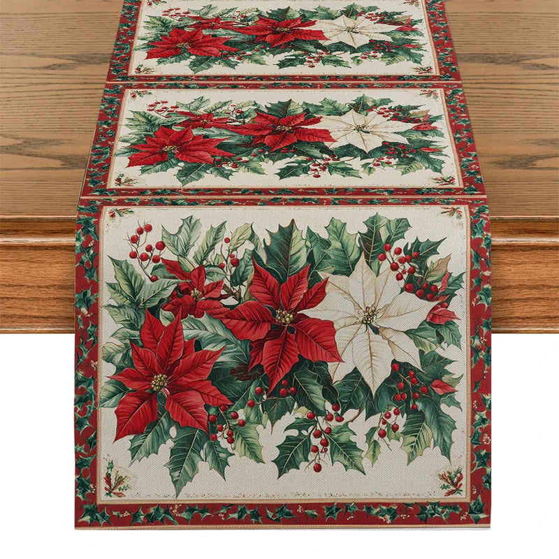 Axyaa Christmas Poinsettia Holly Table Runner for Rustic Dining Decor