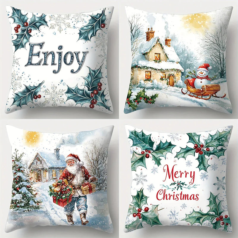 Axyaa Winter Holiday Pillowcase - Festive Snowman & Santa Claus Sofa Cushion Cover