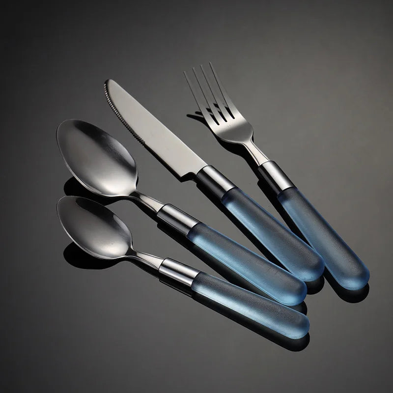 Axyaa Stainless Steel Cutlery Set with Plastic Handle - Western Tableware Steak Knife Fork Teaspoon