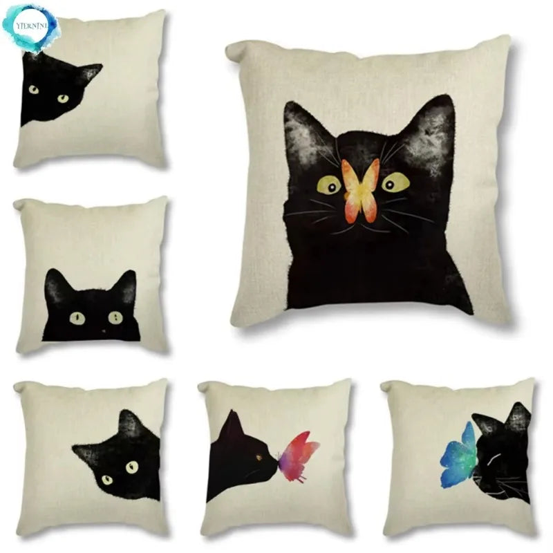 Black Cat & Butterfly Print Linen Cushion Cover by Axyaa - 45x45CM