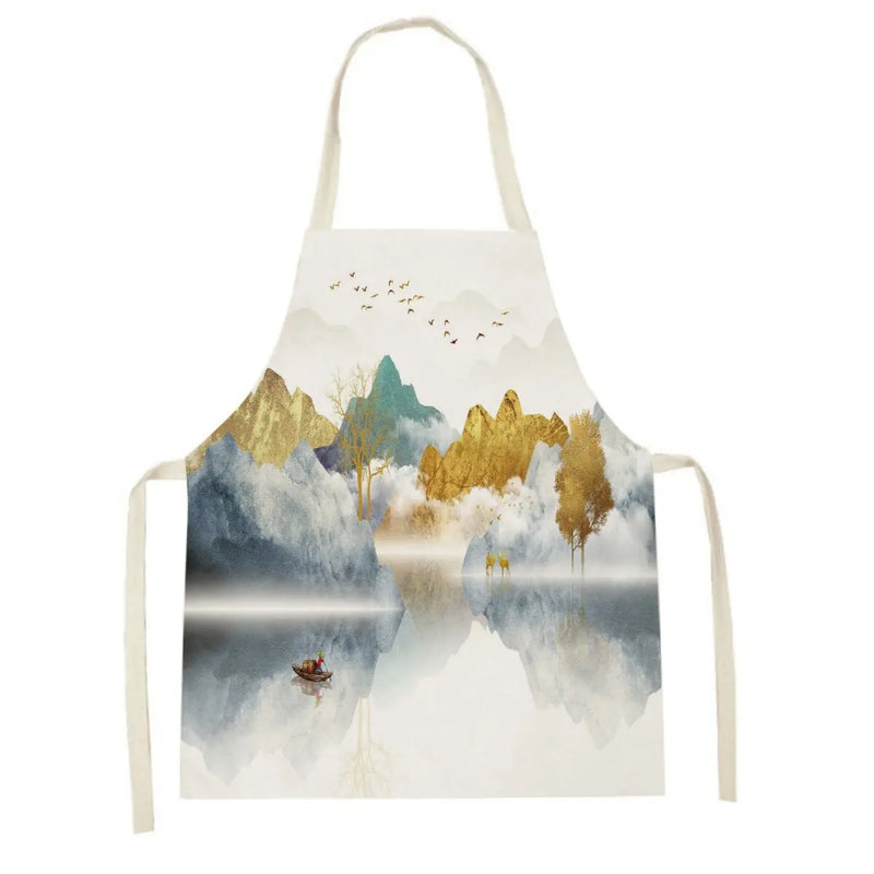 Axyaa White Gold Mountain View Kitchen Apron for Home Cooking and Baking