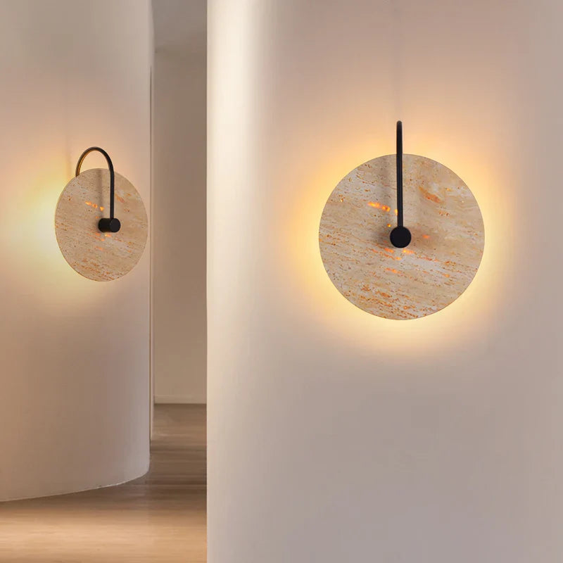 Axyaa Round Yellow Travertine Wall Light - Wabi Sabi Interior Bedside Lamp