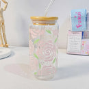 Axyaa Flower Glass Tumbler with Bamboo Lid & Straw, 500ml Can Shape - Gift Idea