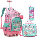 Axyaa Girls 3-Piece Rolling Backpack Set with Wheeled Luggage, Lunch Bag, Pencil Case