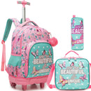 Axyaa Girls 3-Piece Rolling Backpack Set with Wheeled Luggage, Lunch Bag, Pencil Case