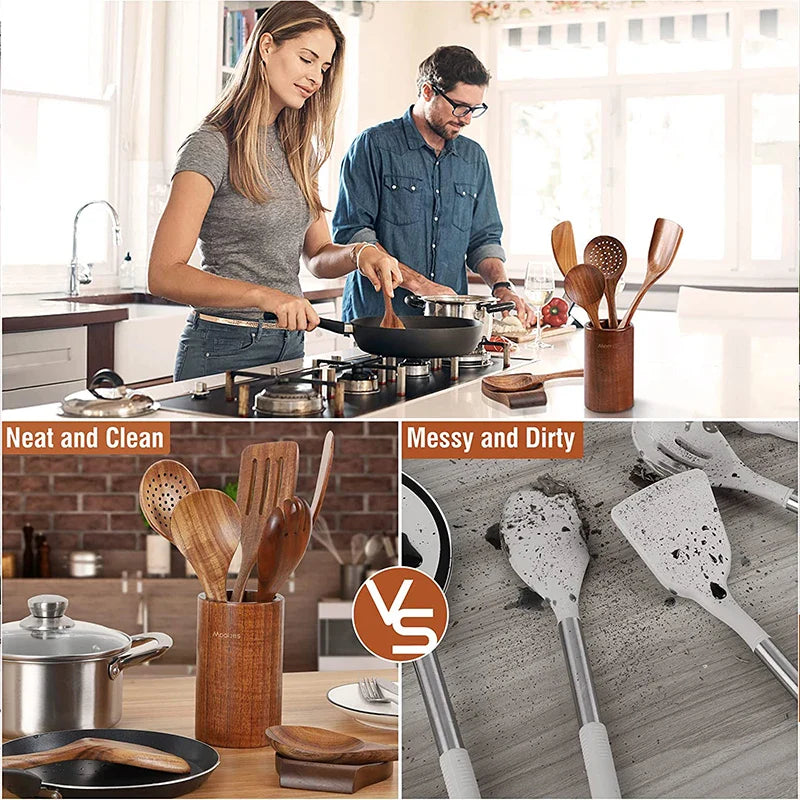 Axya Teak Wooden Cooking Utensil Set with Hanging Hooks