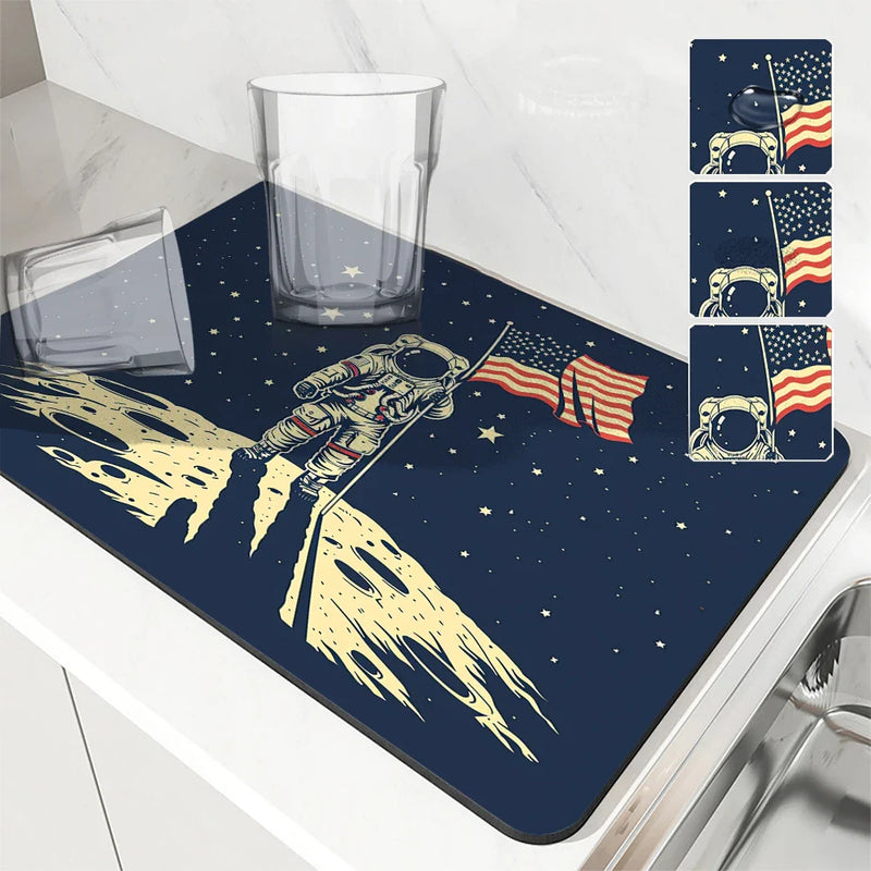 Axyaa Spaceman Coffee Cup Drying Mat Absorbent Non-Slip Kitchen Drain Mat