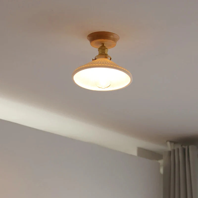 Axyaa White Ceramic LED Ceiling Light with Wood Canopy for Kitchen Living Room