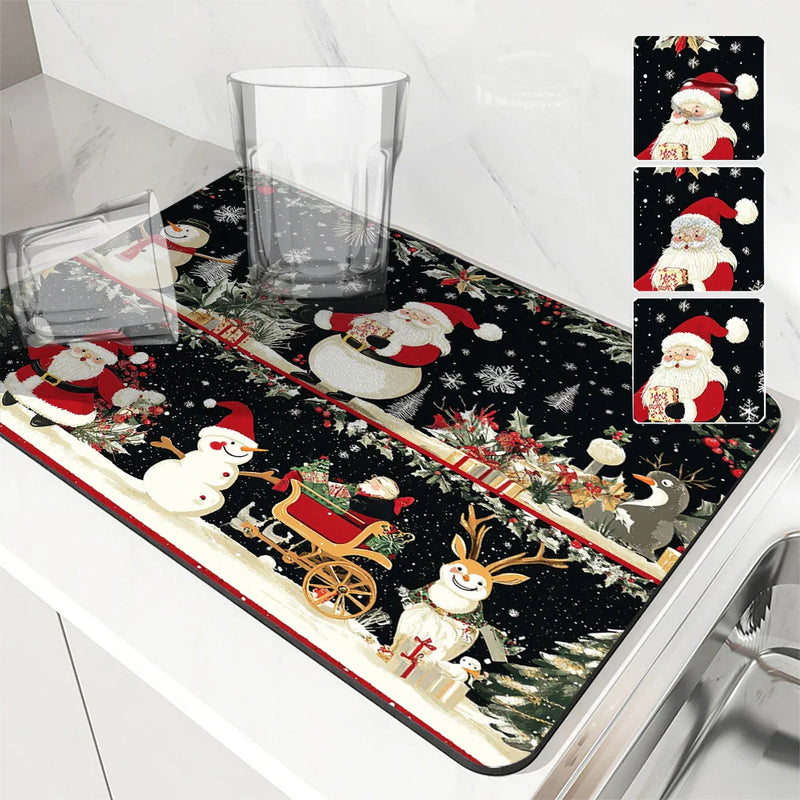 Christmas Santa Tree Non-Slip Drying Mat for Kitchen - Axyaa Tableware Absorbent Placemat