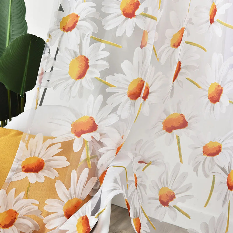 Axyaa White Daisy Sheer Window Curtain Drape for Living Room Floral Home Decor