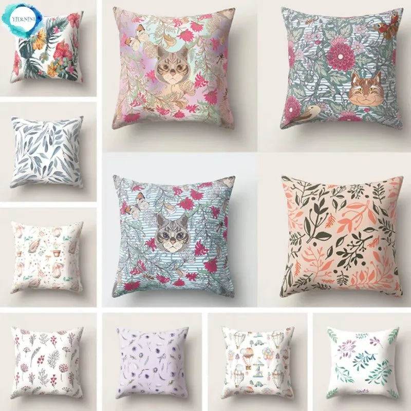 Tropical Cactus Flower Cat Print Pillow Cover 45X45CM for Home Sofa Chair