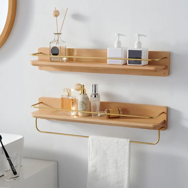 Wooden Brass Hook Towel Rack Wall Shelf for Bathroom Storage by Axya