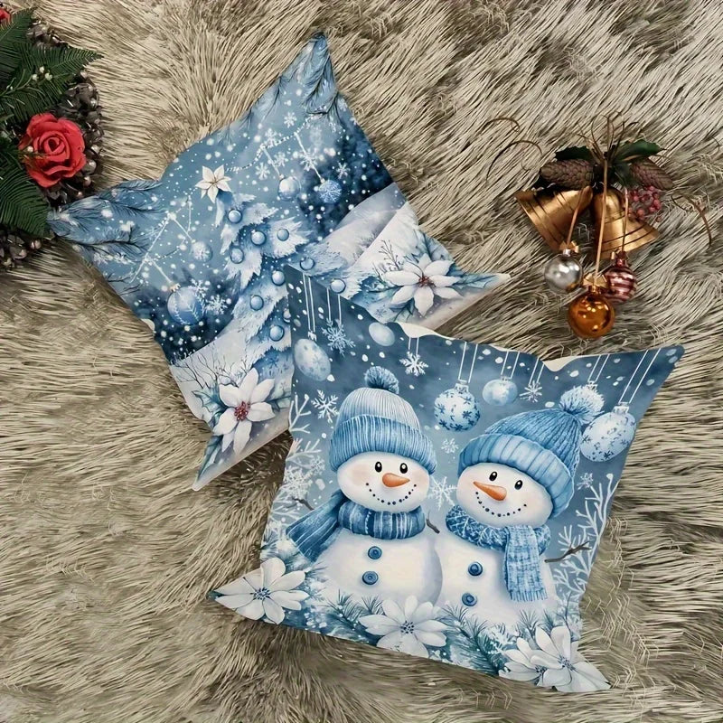Axyaa Winter Christmas Pillow Cover - Festive Snowman, Tree, Fireplace Design in Blue