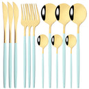Axyaa 12-Piece Black Gold Stainless Steel Cutlery Set for Parties and Kitchens