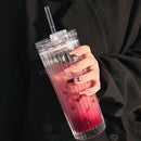 Axyaa Stripe Glass Cup with Lid and Straw, Transparent Coffee Mug, 600ML
