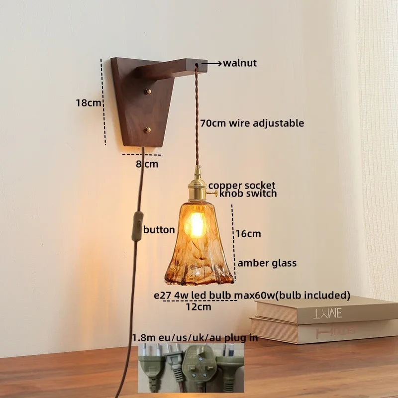 Axyaa Nordic Glass Walnut LED Wall Lights with Pull Chain Switch for Bedroom