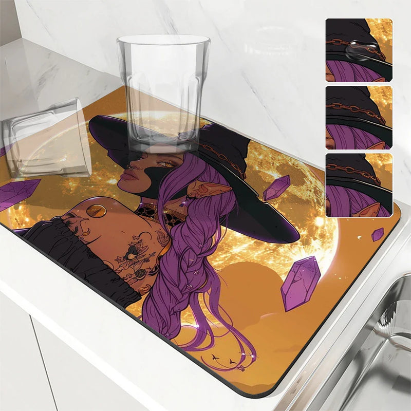 Axyaa Halloween Moon Themed Square Drain Pad - Anti-Slip & Absorbent.