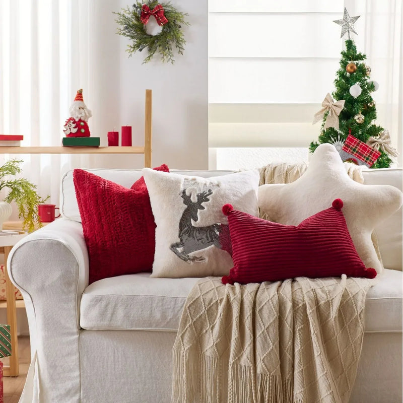 Axyaa Christmas Deer Star Pillow Cover - Cozy Soft Plush Striped 45x45cm